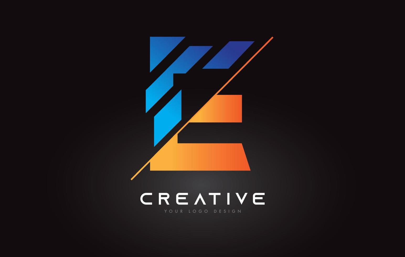 design de ícone de logotipo de letra e fatiado com cores azuis e laranja e fatias cortadas vetor