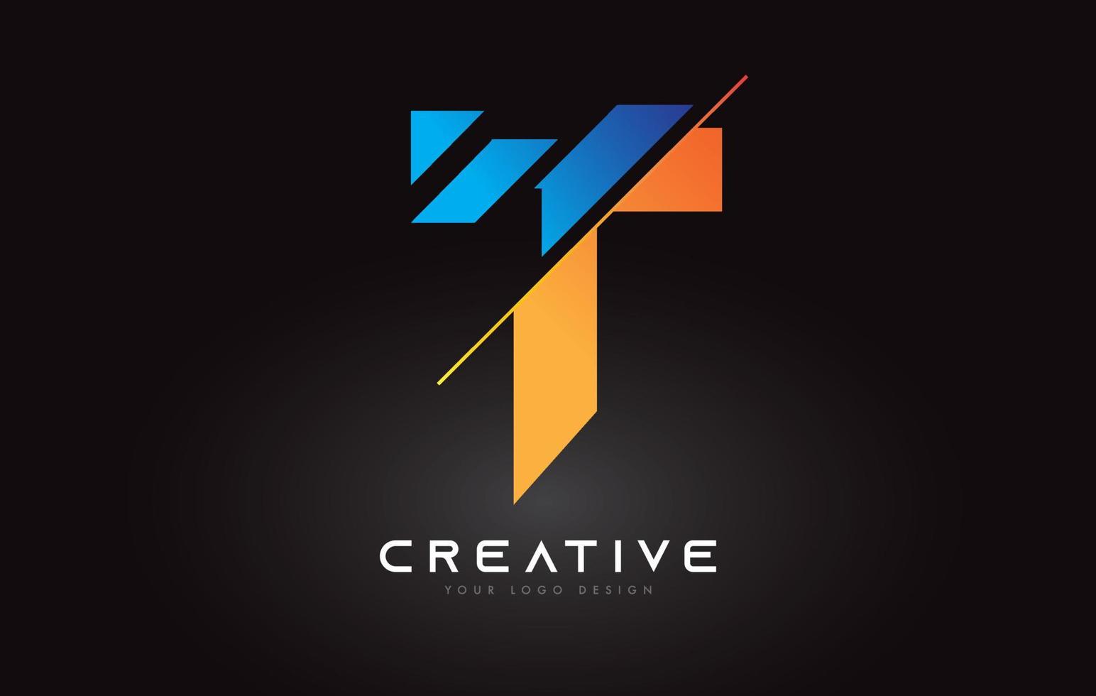 design de ícone de logotipo de letra t fatiada com cores azuis e laranja e fatias cortadas vetor