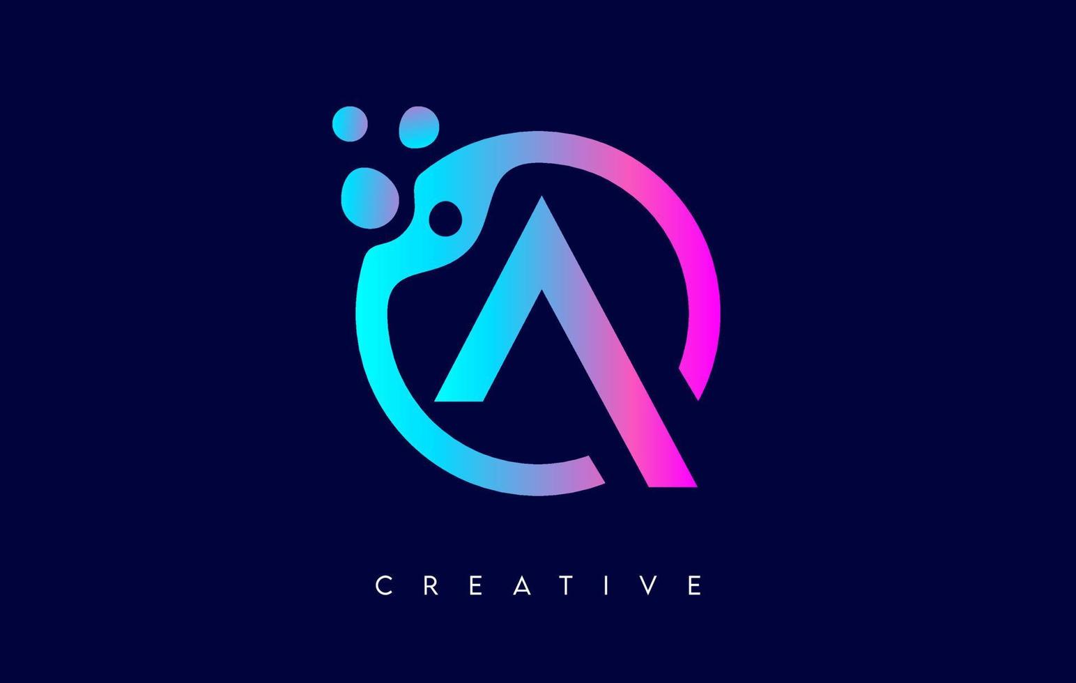 escreva um logotipo com pontos e bolhas dentro de uma forma circular em cores neon roxas vetor