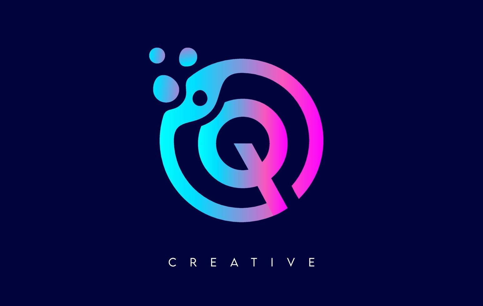 logotipo da letra q com pontos e bolhas dentro de uma forma circular em cores neon roxas vetor