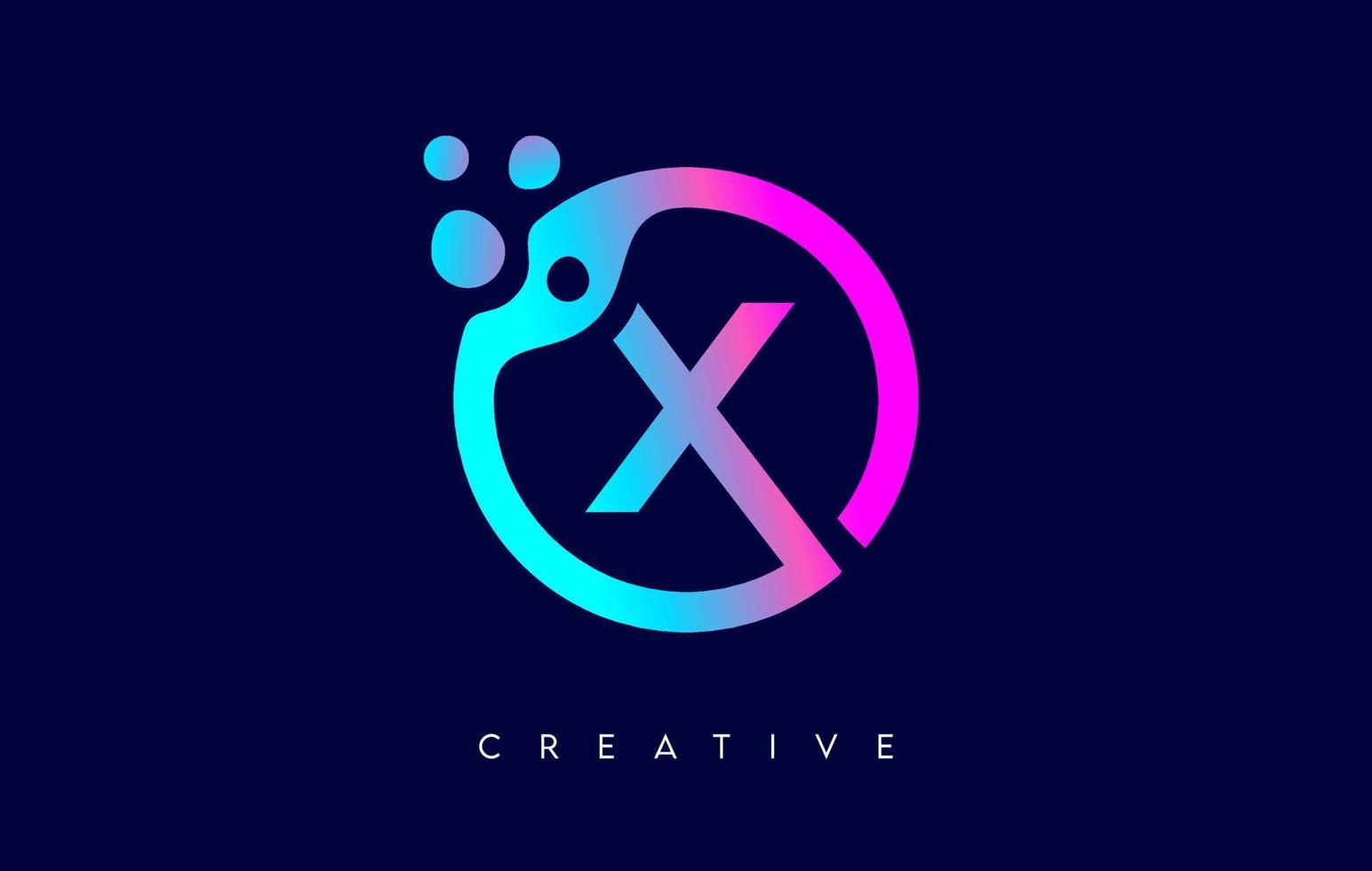 letra x logotipo com pontos e bolhas dentro de uma forma circular em cores neon roxas vetor