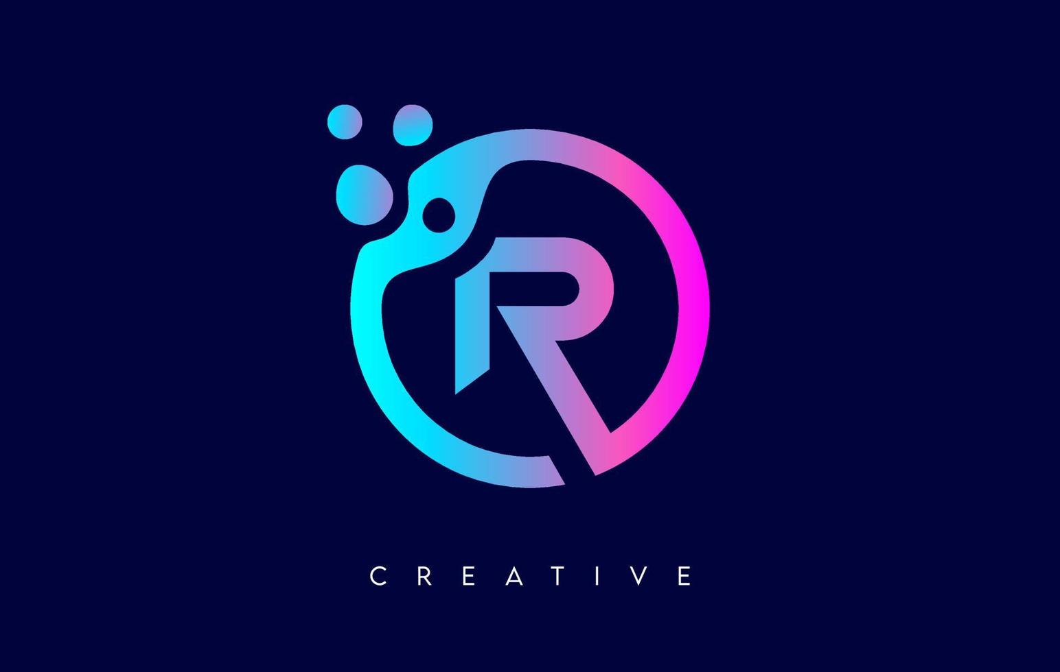 logotipo da letra r com pontos e bolhas dentro de uma forma circular em cores neon roxas vetor