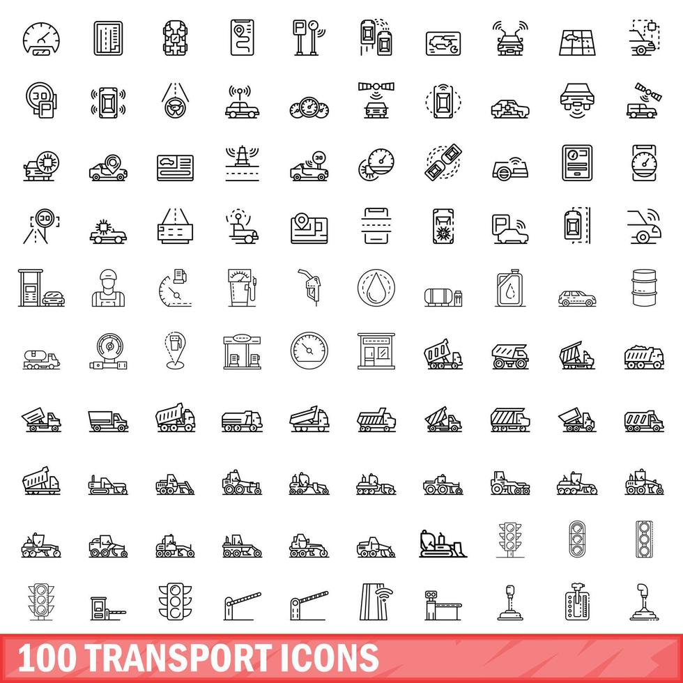 conjunto de 100 ícones de transporte, estilo de estrutura de tópicos vetor