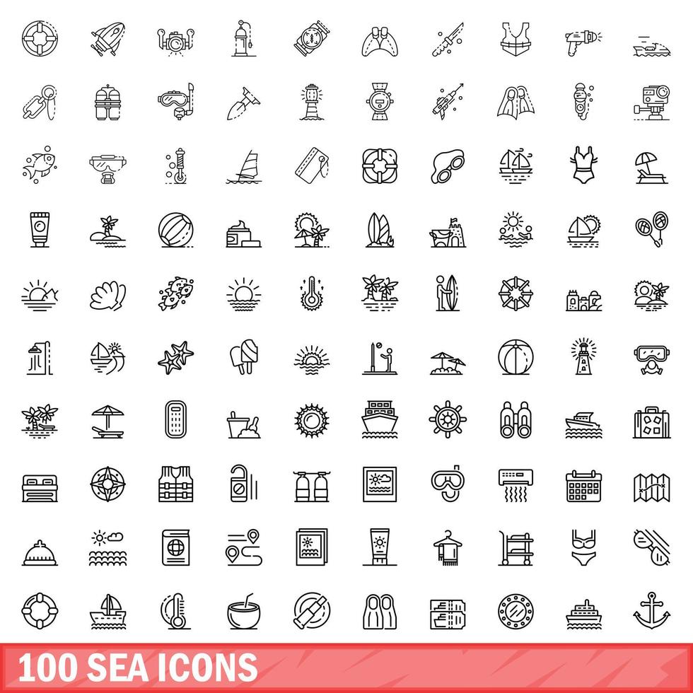 conjunto de 100 ícones do mar, estilo de contorno vetor