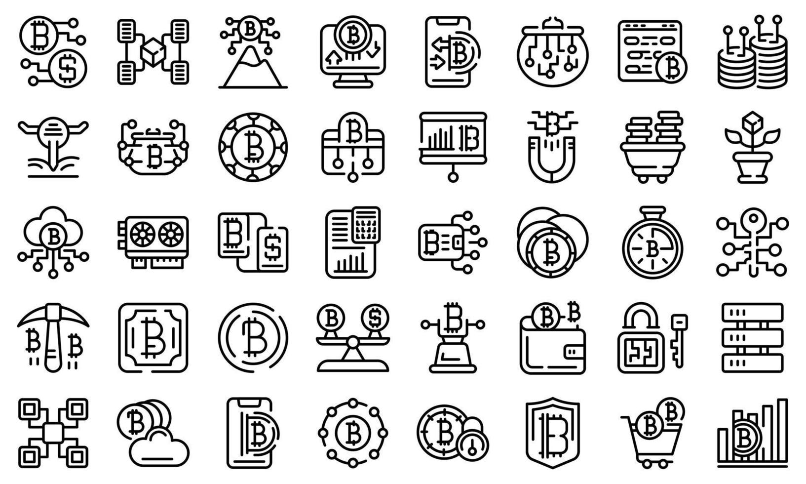 conjunto de ícones de criptomoeda, estilo de estrutura de tópicos vetor