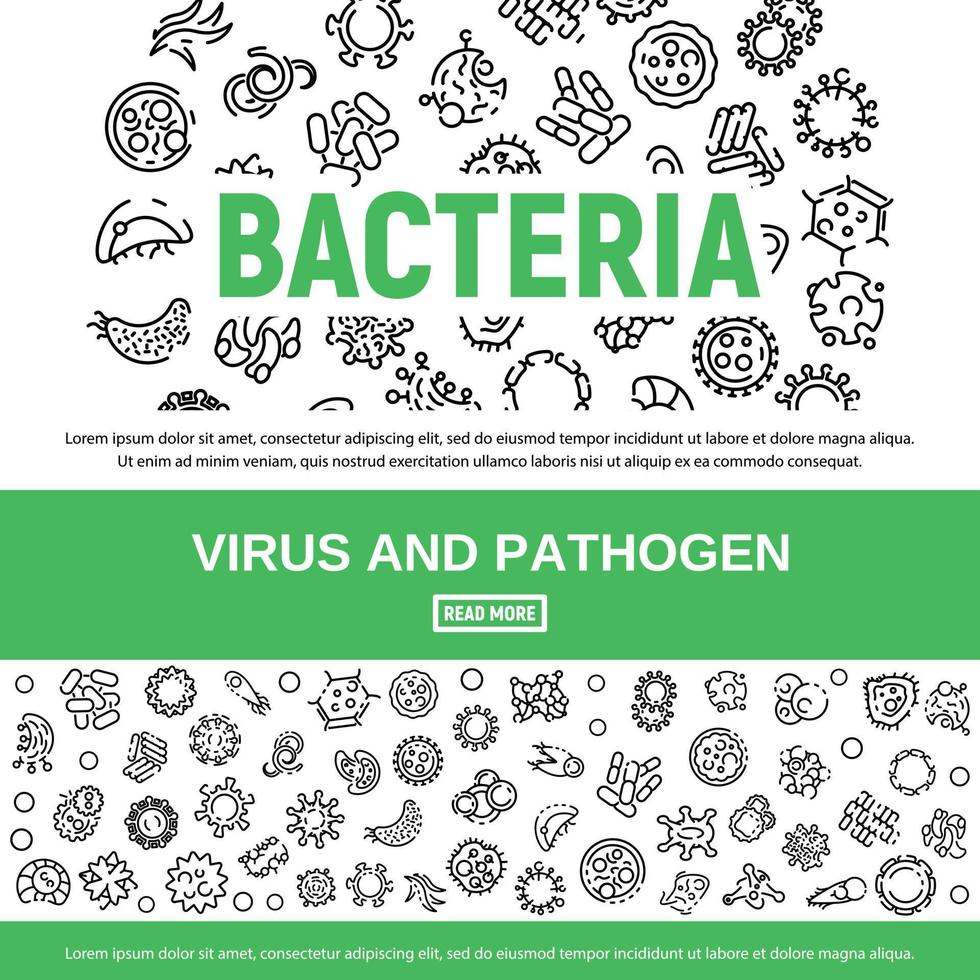 bactérias, conjunto de banner de vírus, estilo de estrutura de tópicos vetor