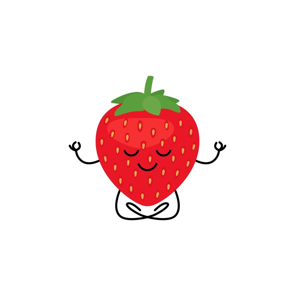 comida de frutas vermelhas cheias de morango, personagem feliz kawaii meditar para relaxar. cara baga vermelha com vitaminas. colheita de verão. comida saudável e saborosa. ilustração vetorial vetor