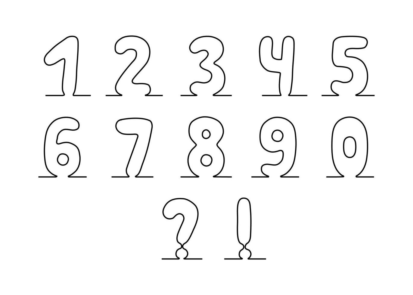defina os números do alfabeto latino de 1 a 9, assina um desenho de linha contínuo. números isolados desenhados à mão negra. figuras de linha plana vetoriais vetor