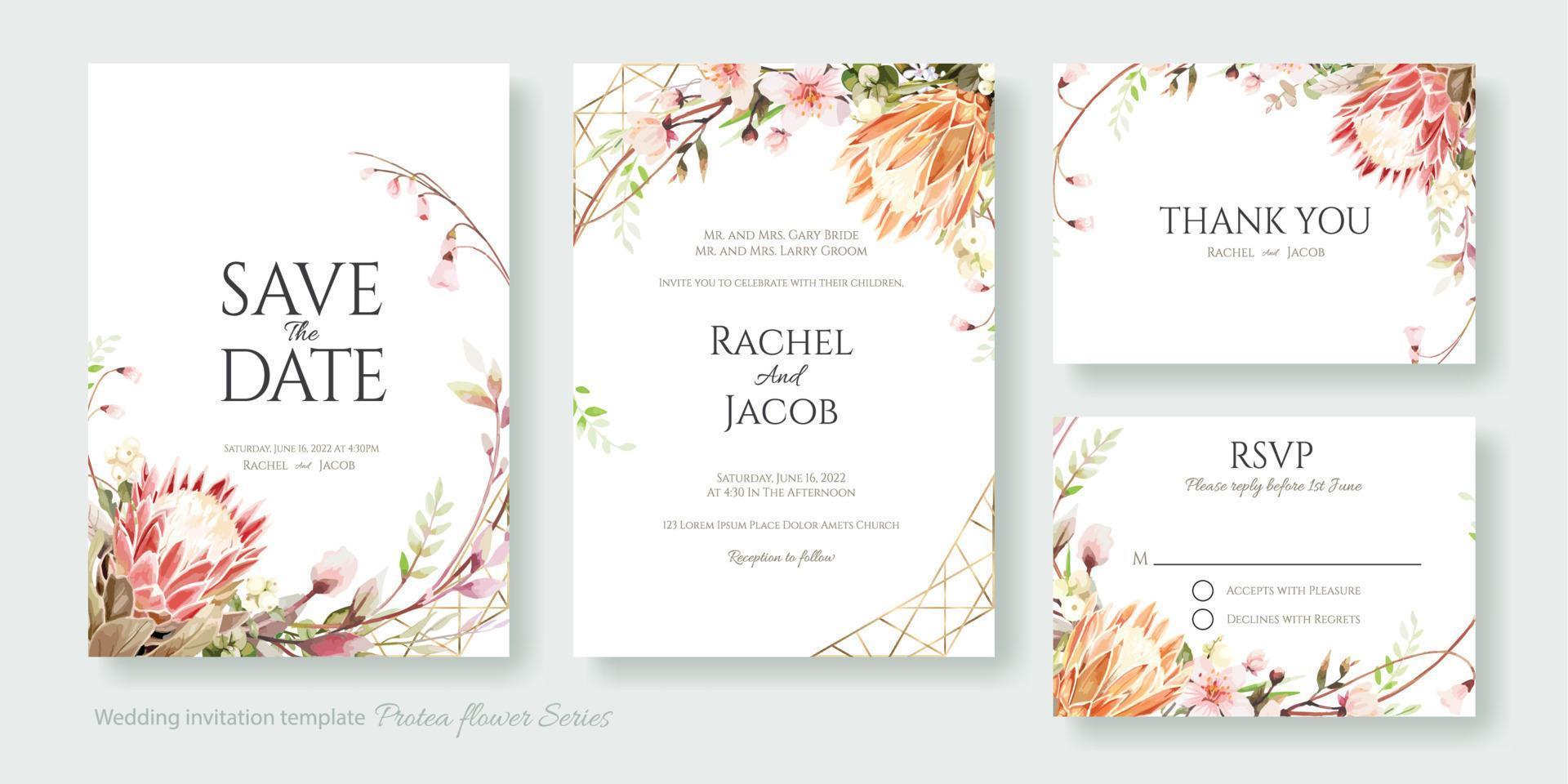 convite de casamento, salve a data, obrigado, modelo de design de cartão rsvp. vetor. flor de protea e flor de cerejeira. vetor