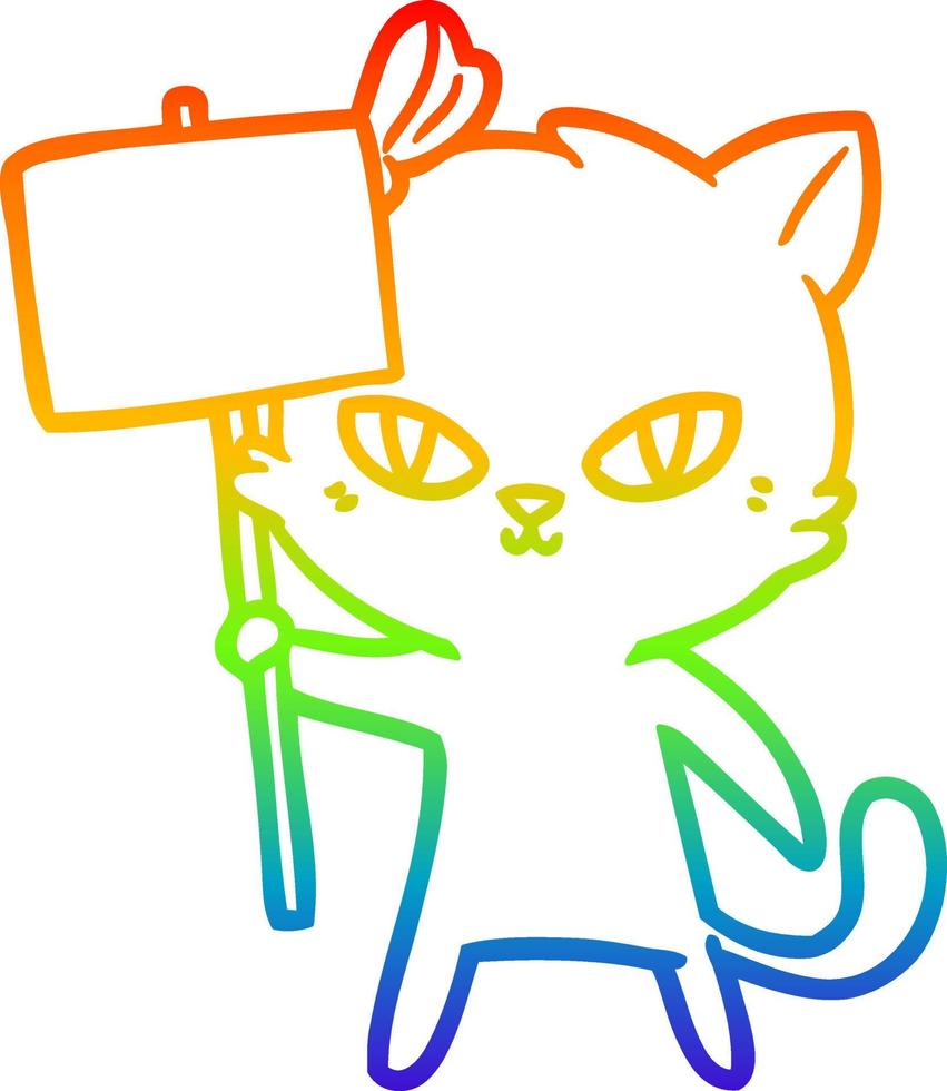 linha de gradiente de arco-íris desenhando gato de desenho animado bonito com sinal de protesto vetor