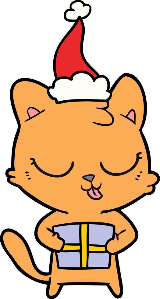 desenho de linha bonito de um gato usando chapéu de papai noel vetor