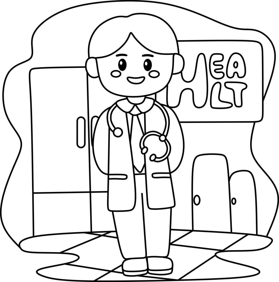 Livro de colorir para crianças personagem de desenho animado menino médico
