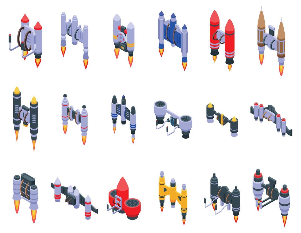 ícones do jetpack definir vetor isométrico. mosca de foguete