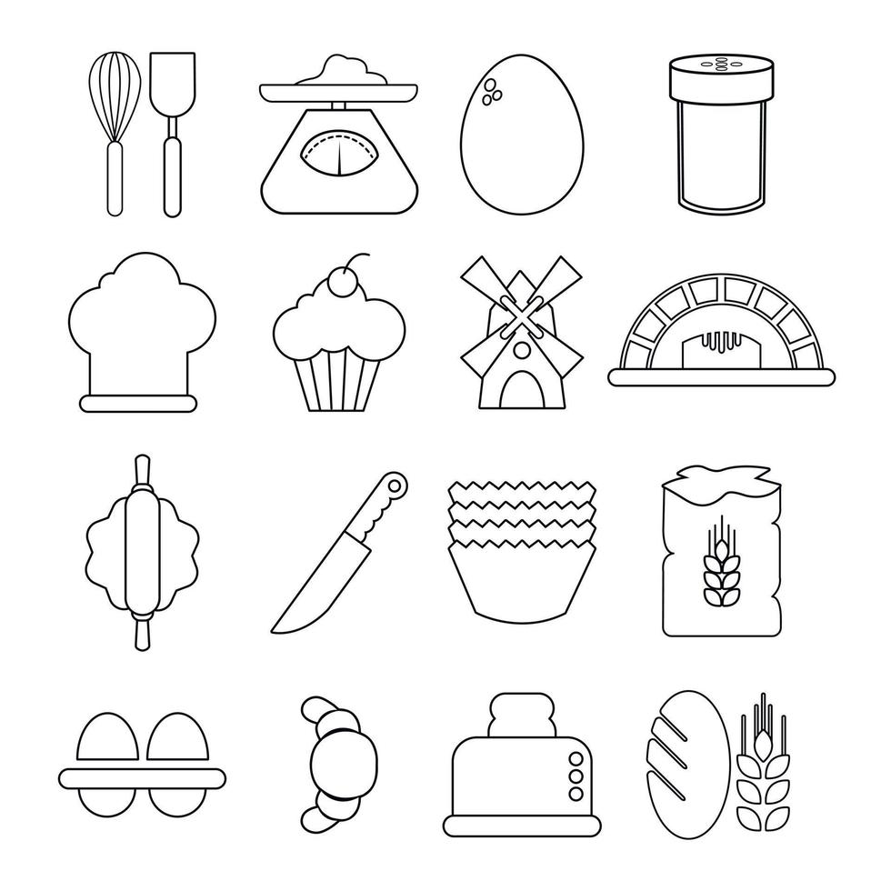 conjunto de ícones de padaria, estilo de estrutura de tópicos vetor