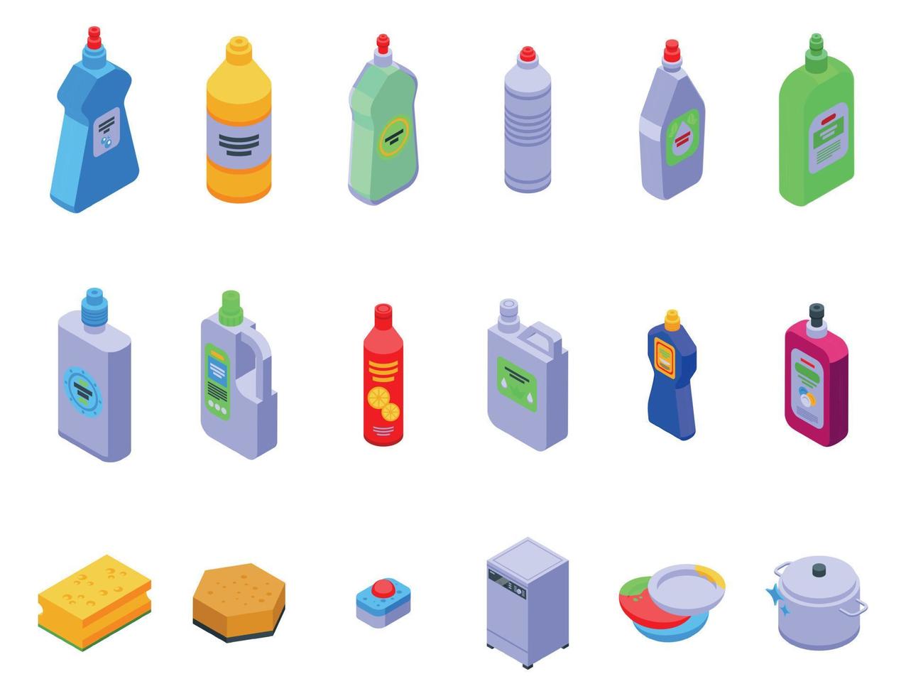 ícones de detergentes para lavar louça definir vetor isométrico. tigela de louça