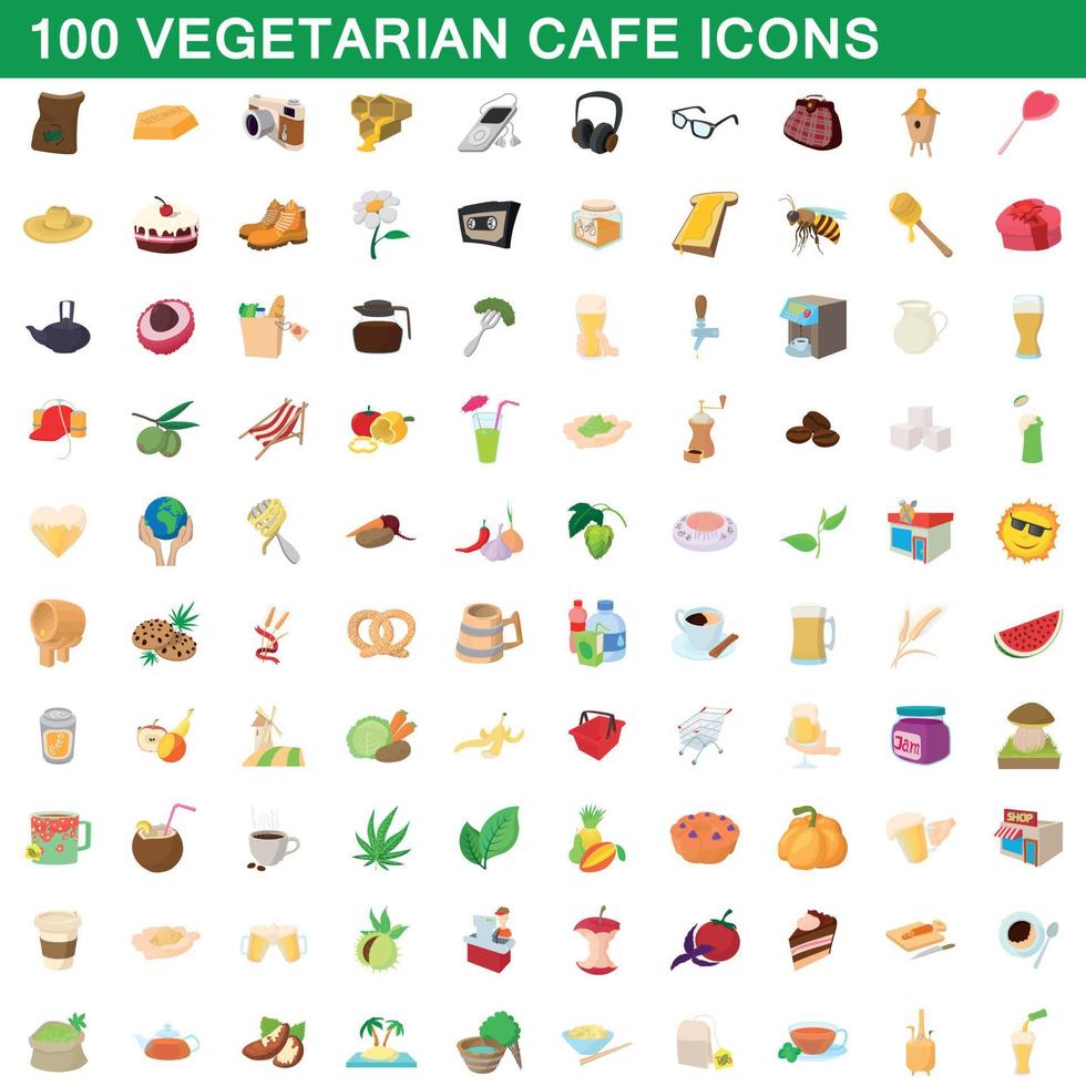 Conjunto de 100 ícones de café vegetariano, estilo cartoon vetor