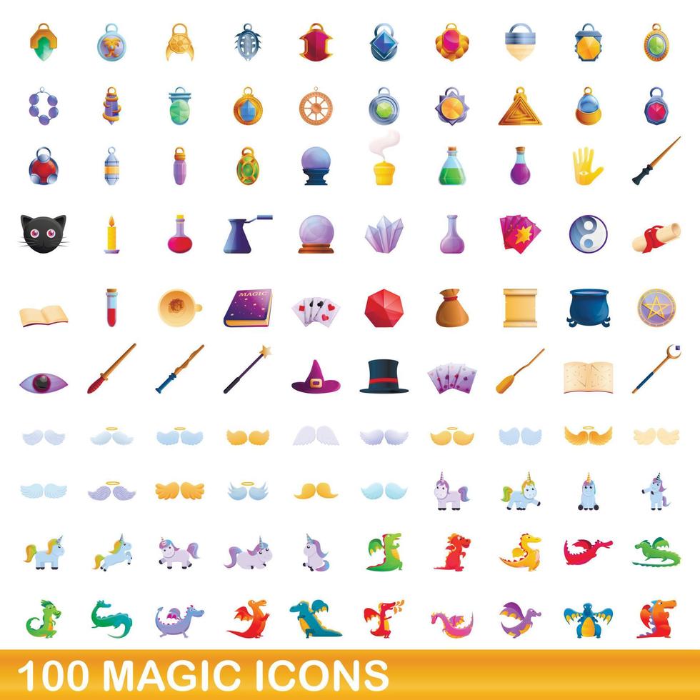 conjunto de 100 ícones mágicos, estilo cartoon vetor