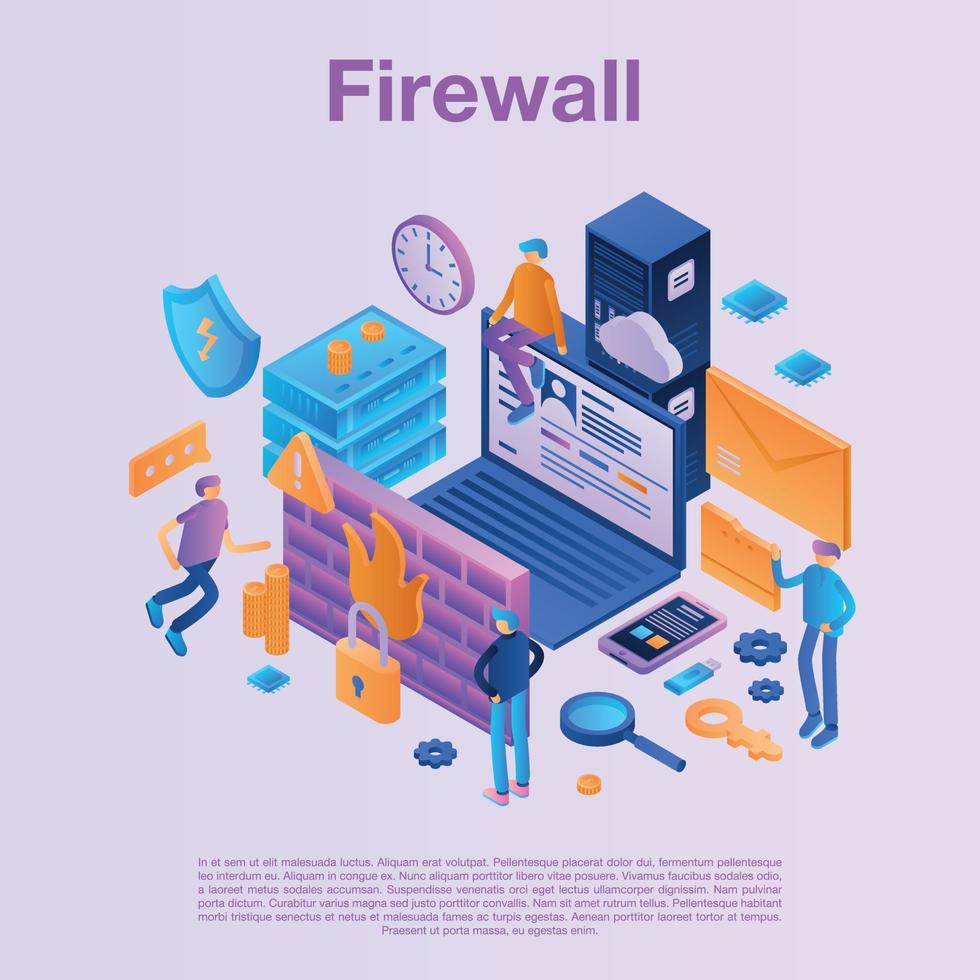 fundo de conceito de dados de firewall, estilo isométrico vetor