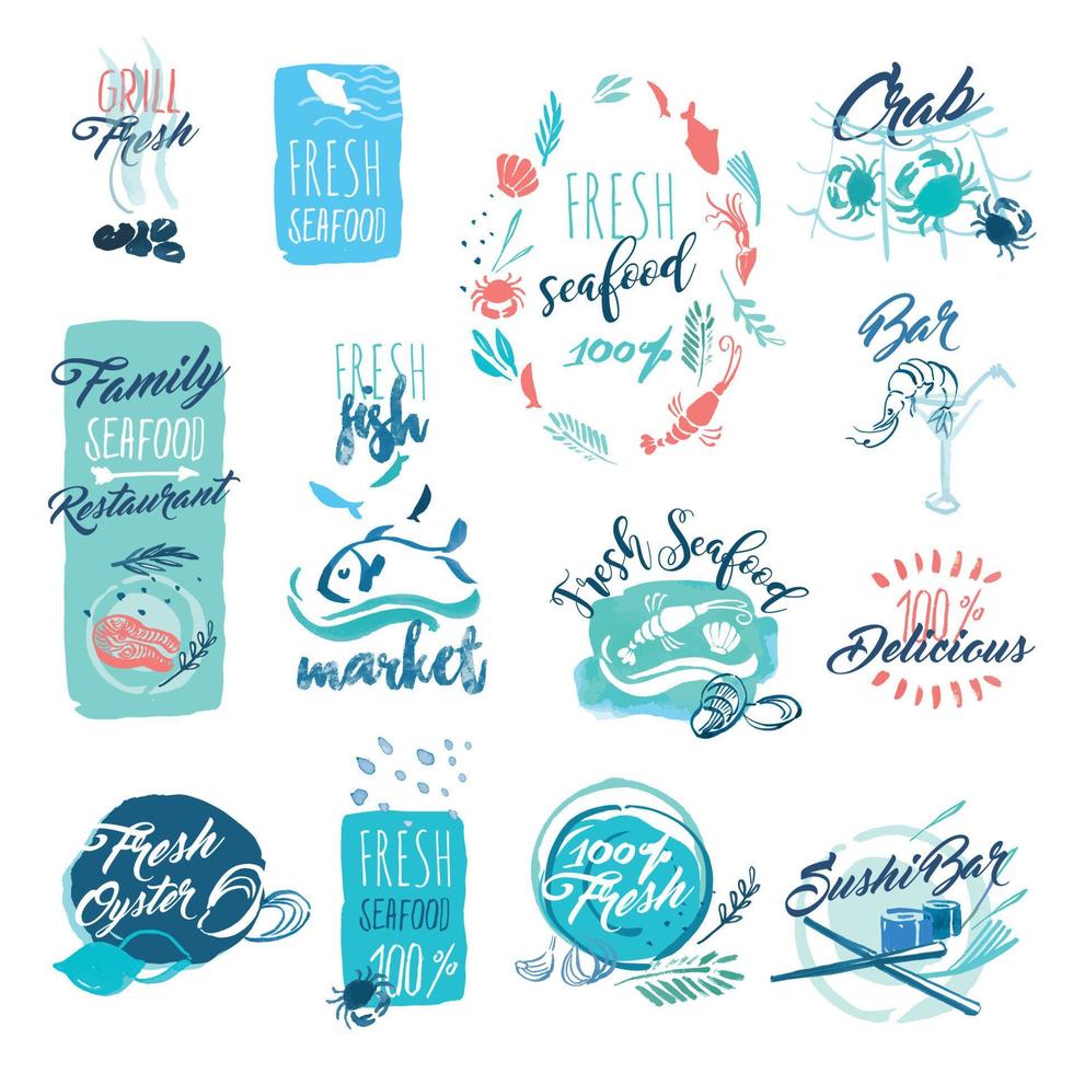 conjunto de emblemas em aquarela desenhados à mão e adesivos de frutos do mar. ilustrações vetoriais para menu, comida e bebida, restaurante e mercado de peixe. vetor