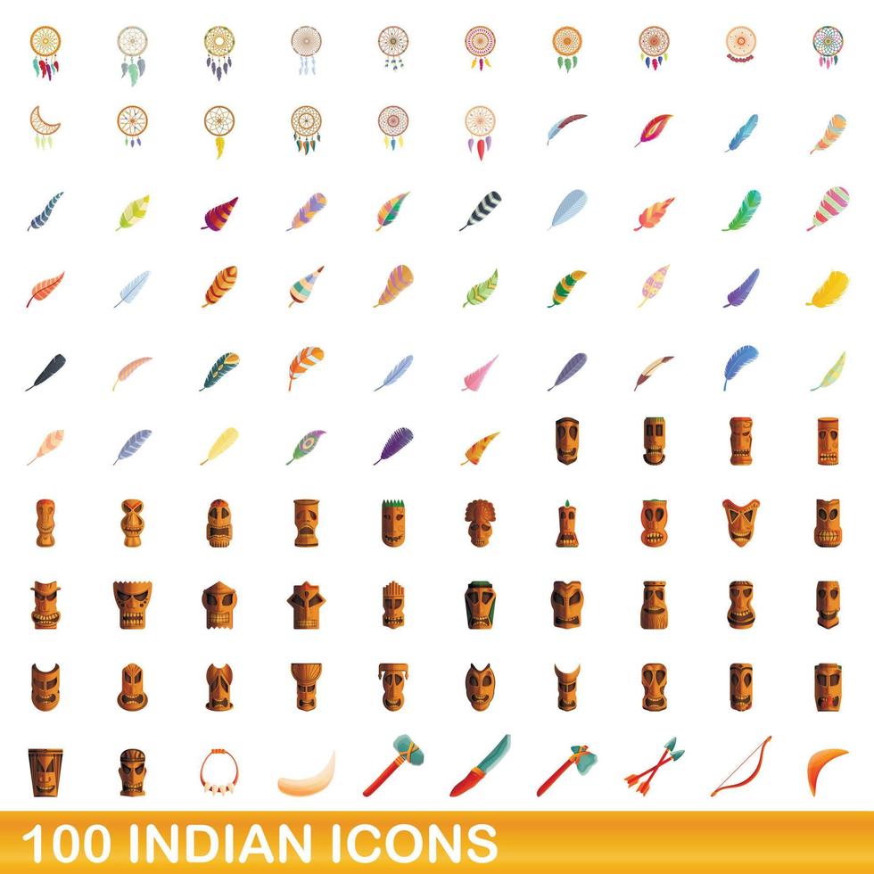 conjunto de 100 ícones indianos, estilo cartoon vetor