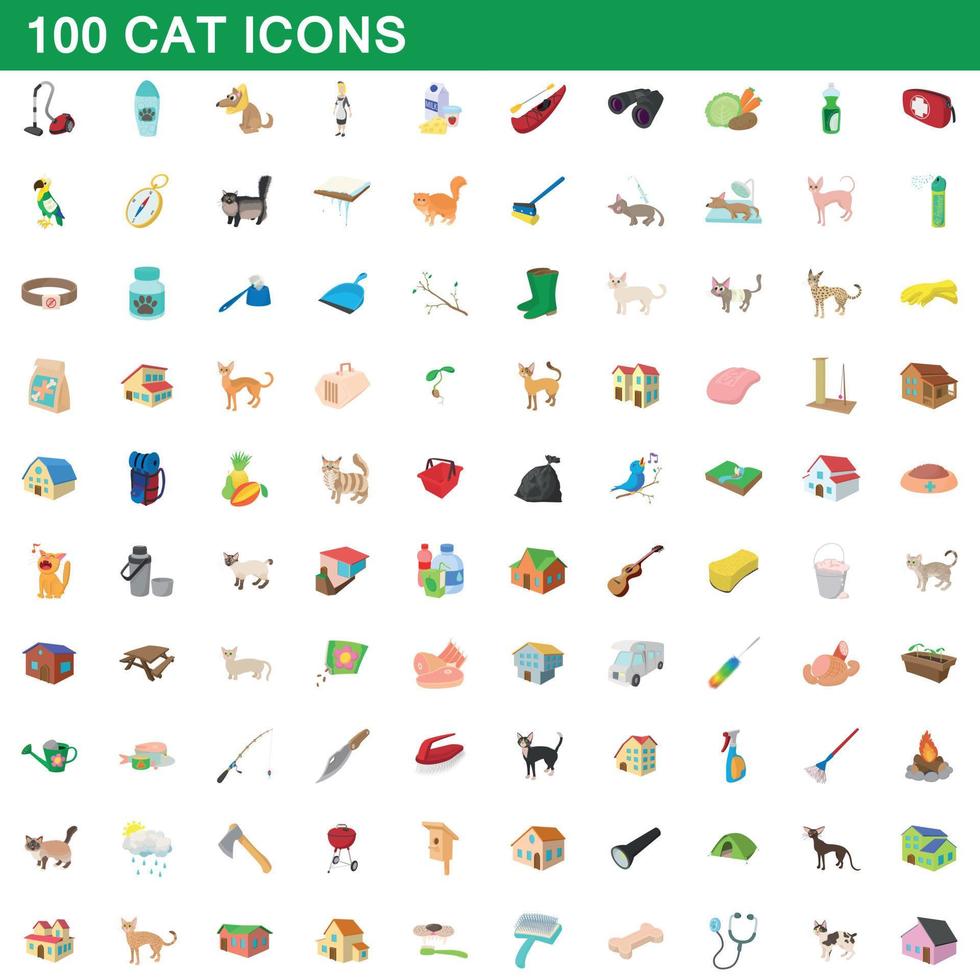 conjunto de 100 ícones de gato, estilo cartoon vetor