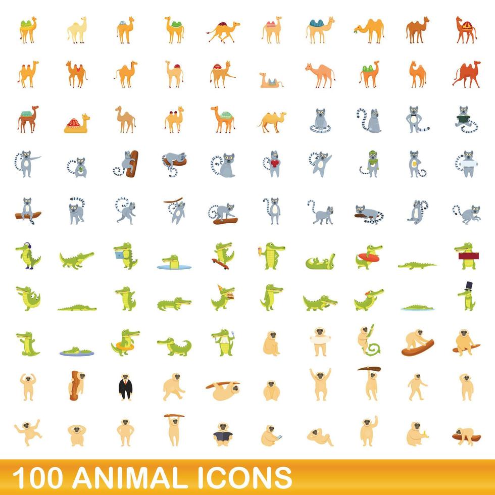 conjunto de 100 ícones de animais, estilo cartoon vetor