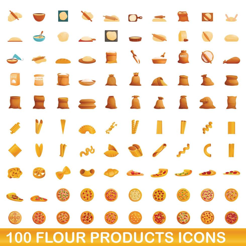 conjunto de 100 ícones de produtos de farinha, estilo cartoon vetor