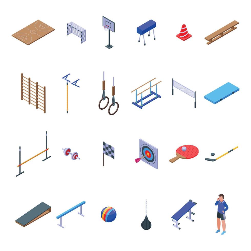 conjunto de ícones de ginásio escolar, estilo isométrico vetor