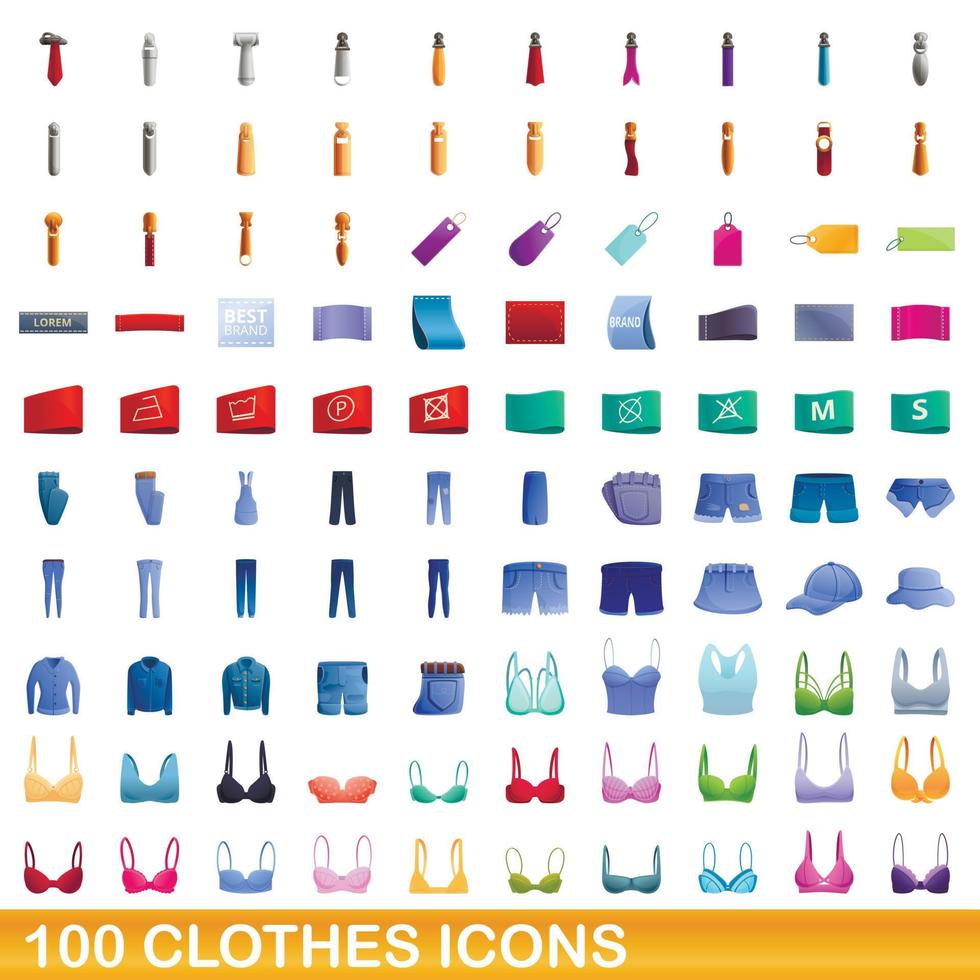 conjunto de 100 ícones de roupas, estilo cartoon vetor