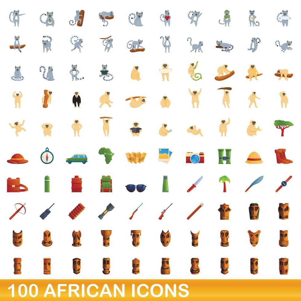 conjunto de 100 ícones africanos, estilo cartoon vetor