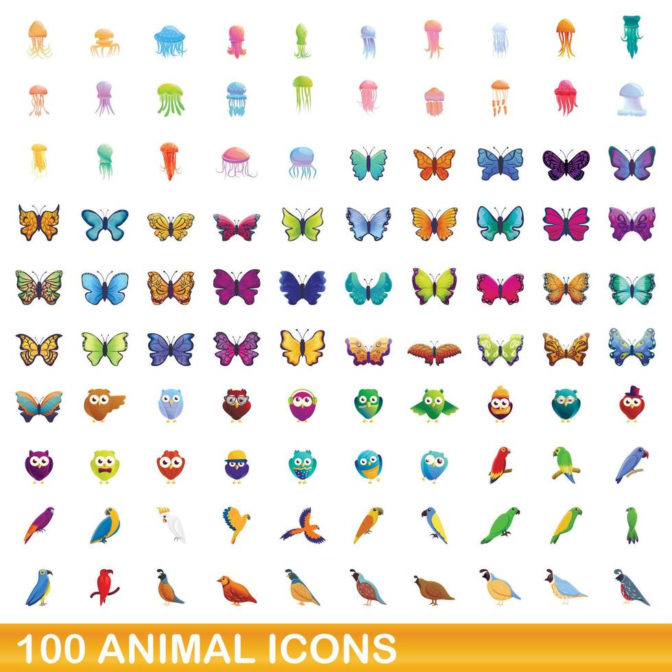 conjunto de 100 ícones de animais, estilo cartoon vetor