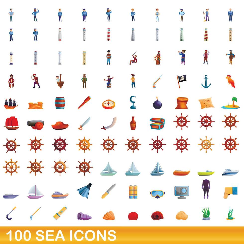 conjunto de 100 ícones do mar, estilo cartoon vetor