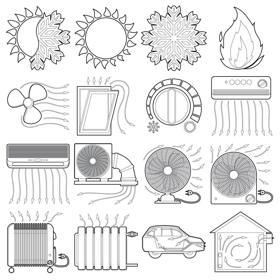 conjunto de ícones de ferramentas de fluxo de ar frio de calor, estilo de contorno vetor