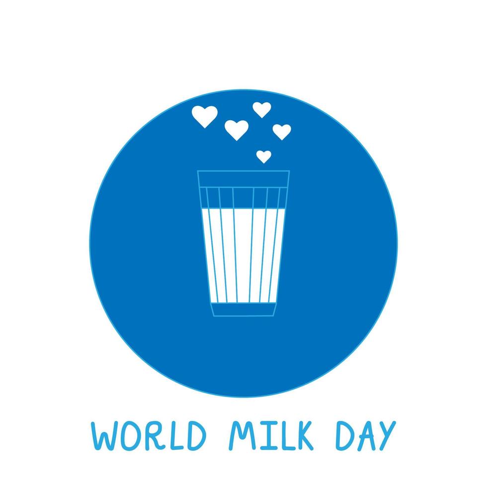 dia mundial do leite. copo de leite com corações brancos vetor
