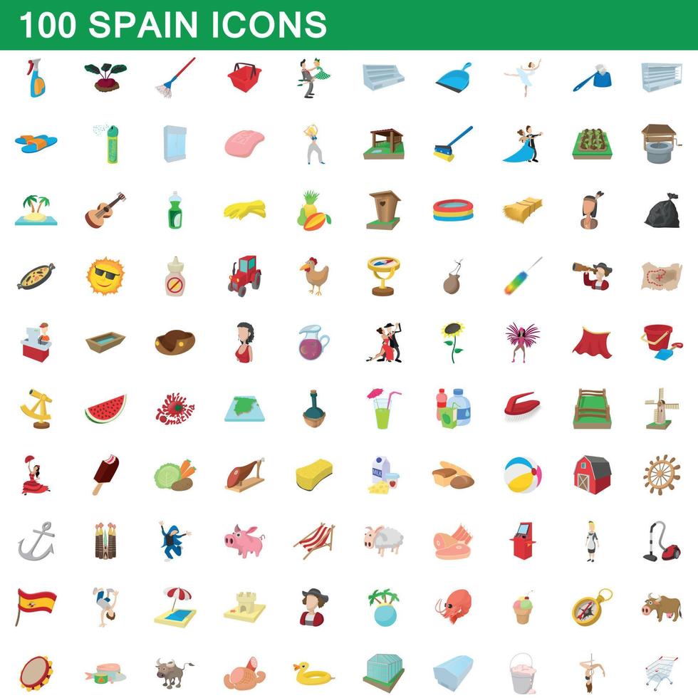 conjunto de 100 ícones da espanha, estilo cartoon vetor