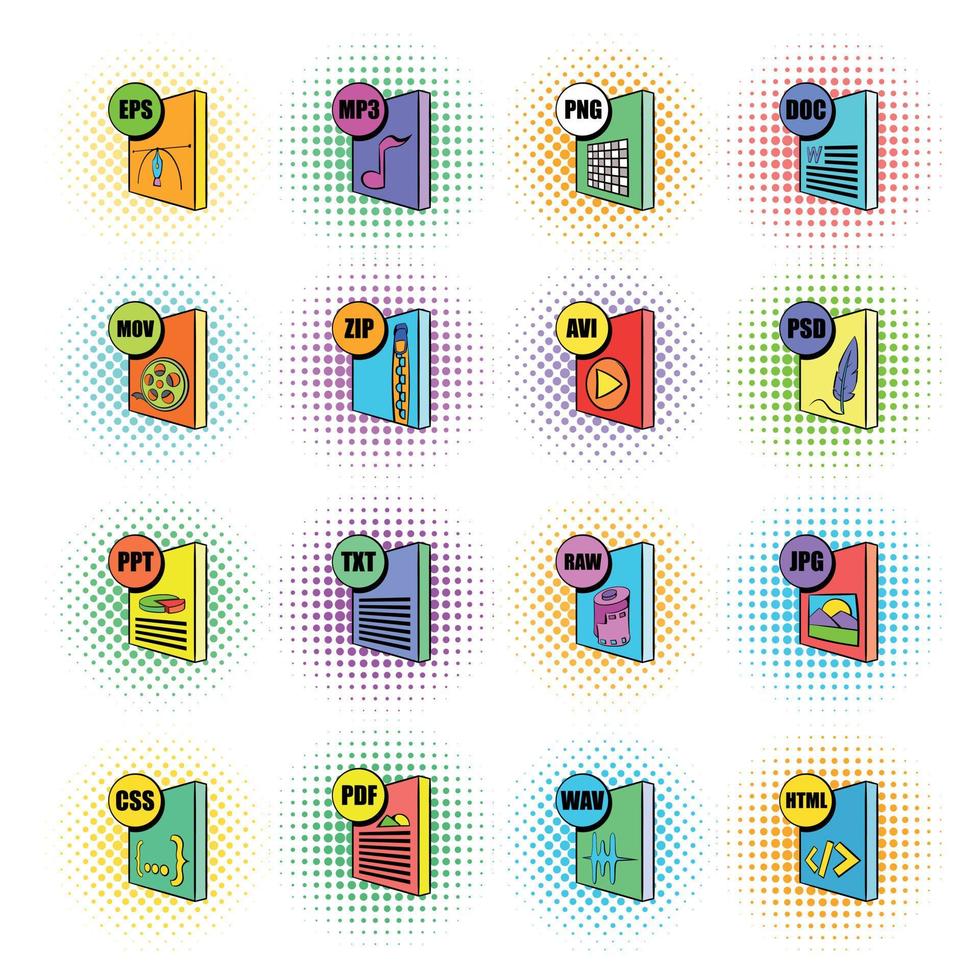 conjunto de ícones de formato de arquivo, estilo pop-art vetor