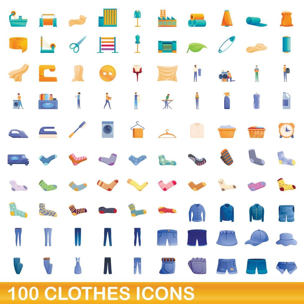 conjunto de 100 ícones de roupas, estilo cartoon vetor