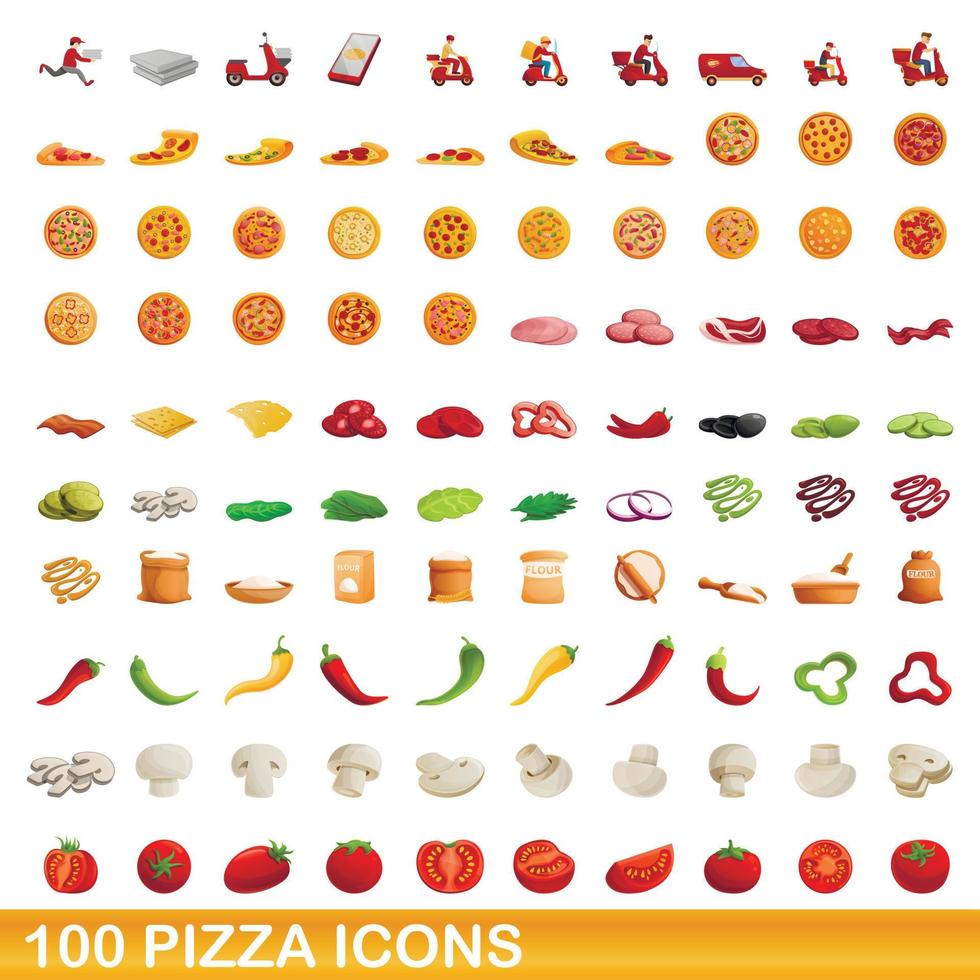 Conjunto de 100 ícones de pizza, estilo cartoon vetor