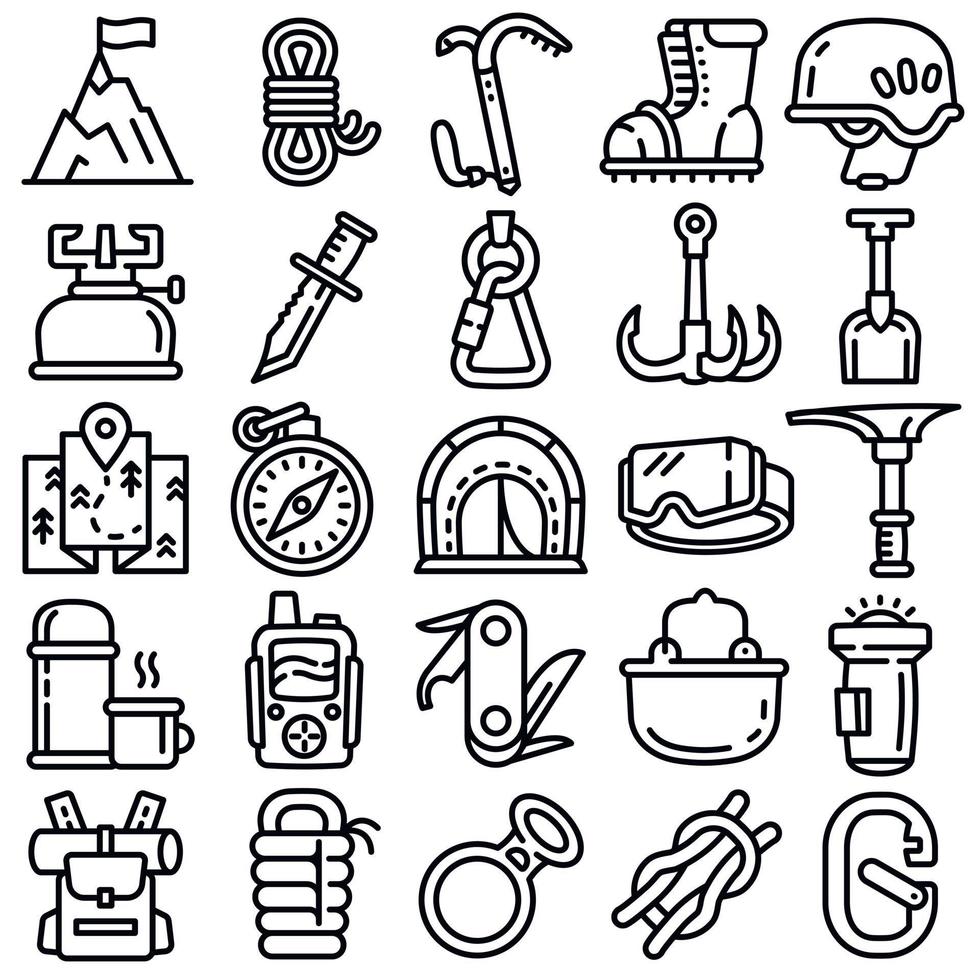 conjunto de ícones de equipamentos de montanhismo, estilo de estrutura de tópicos vetor