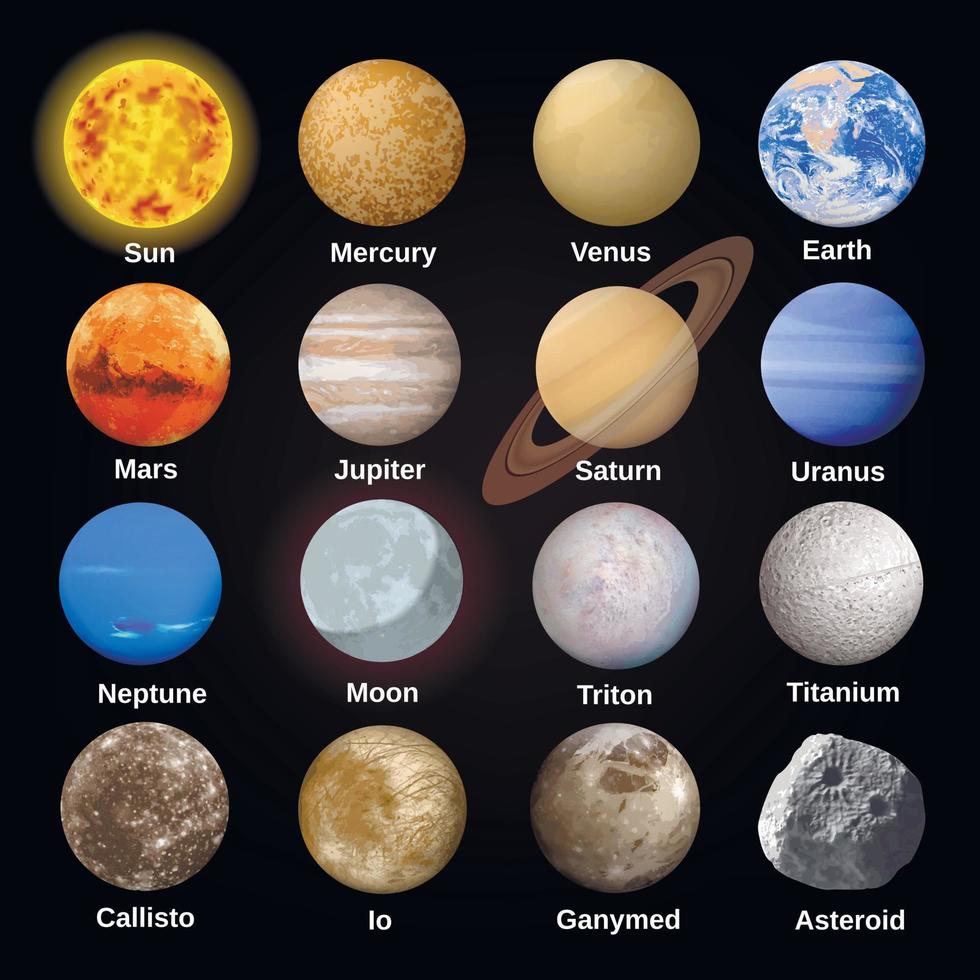 conjunto de ícones de planetas, estilo realista vetor