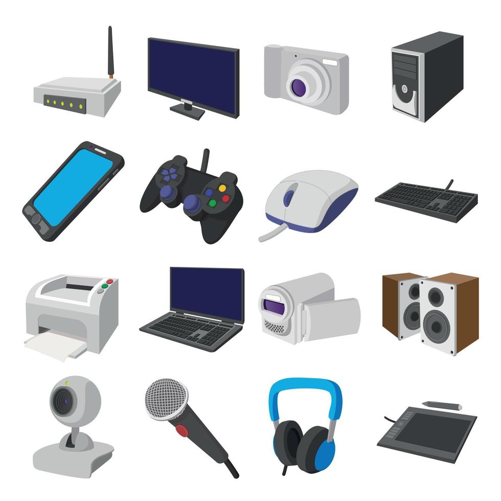 conjunto de ícones de desenhos animados de tecnologia e dispositivos vetor