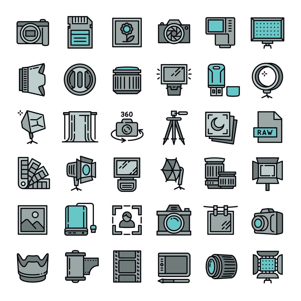 conjunto de ícones de equipamento de fotógrafo, estilo de estrutura de tópicos vetor