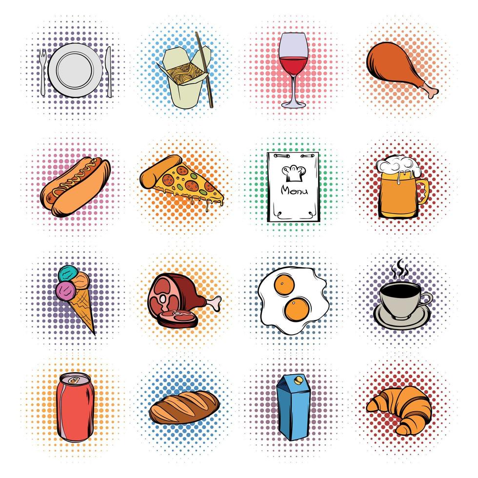 conjunto de ícones de quadrinhos de comida vetor
