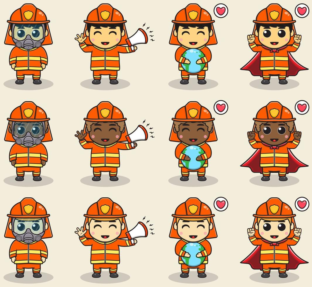 ilustração em vetor de menino com desenhos animados de bombeiro. profissão de bombeiro com estilo de design plano. bom para ícone, etiqueta, adesivo, clipart.