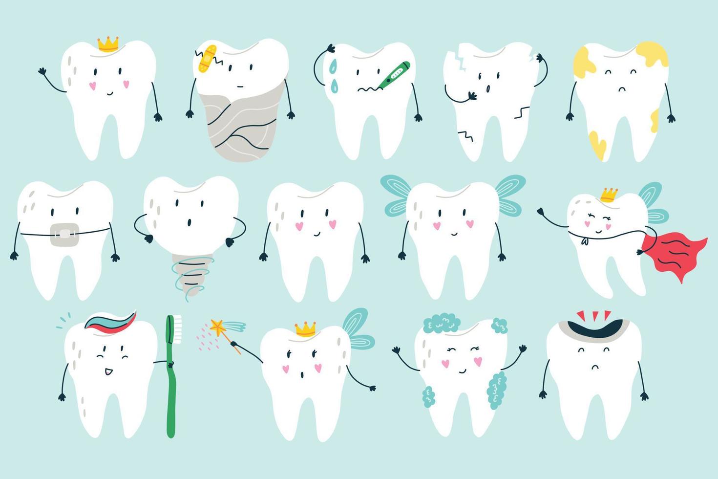 grande coleção de dentes de fada branca de personagens de desenhos animados com emoções diferentes vetor