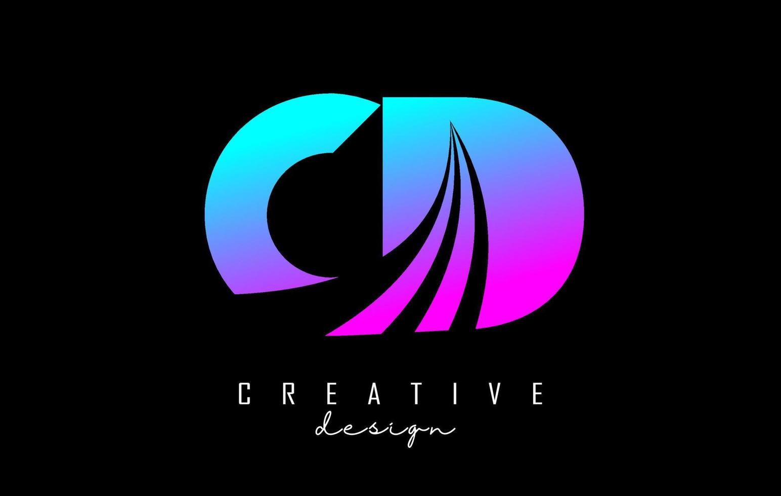 letras coloridas criativas cd cd logotipo com linhas principais e design de conceito de estrada. letras com desenho geométrico. vetor