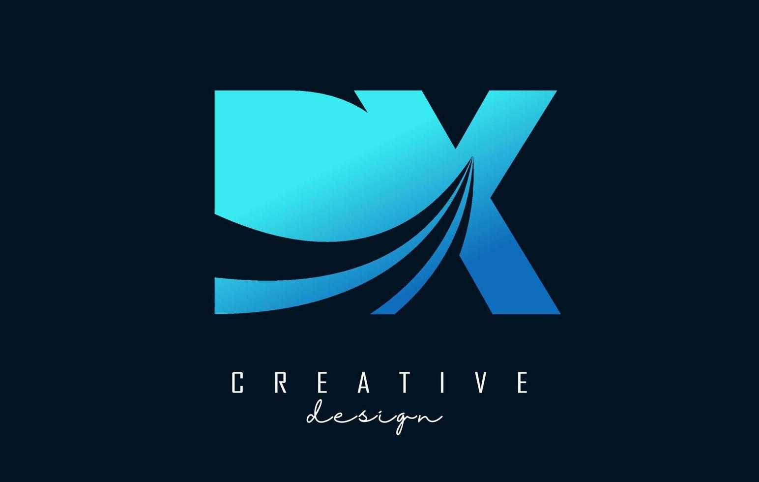 letras azuis criativas dx dx logotipo com linhas principais e design de conceito de estrada. letras com desenho geométrico. vetor
