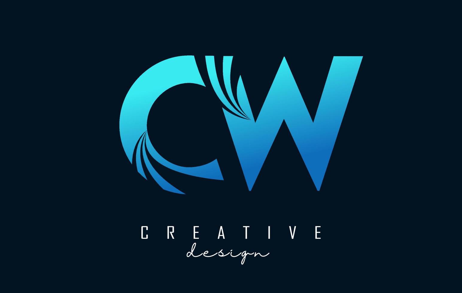 letras azuis criativas cw cw logotipo com linhas principais e design de conceito de estrada. letras com desenho geométrico. vetor