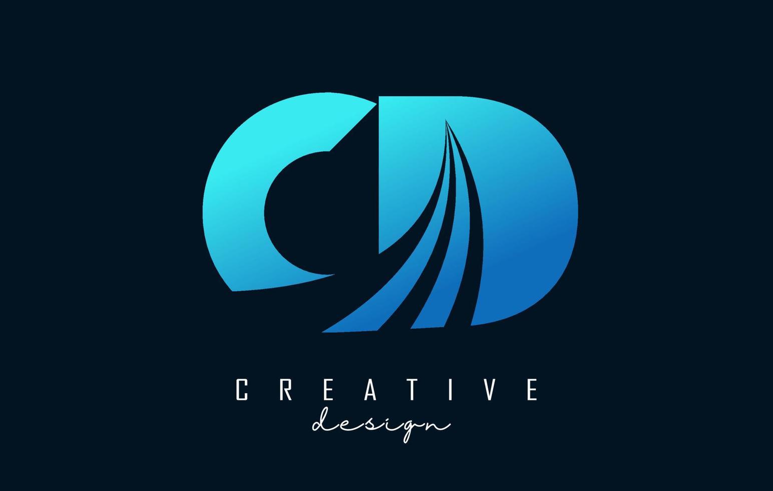 logotipo cd cd de letras azuis criativas com linhas principais e design de conceito de estrada. letras com desenho geométrico. vetor