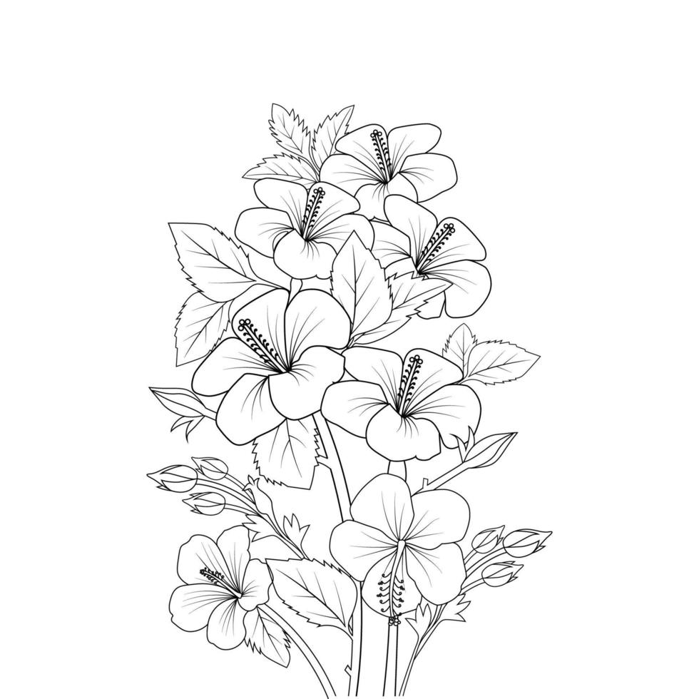 doodle arte de linha de flor de hibisco comum página de livro de colorir de design gráfico vetorial vetor